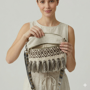 Bolso de mano tejido con patrón geométrico, ribete de flecos y diseño textil decorativo para mujeres, ideal para atuendos casuales y eventos especiales. - Product Image 5