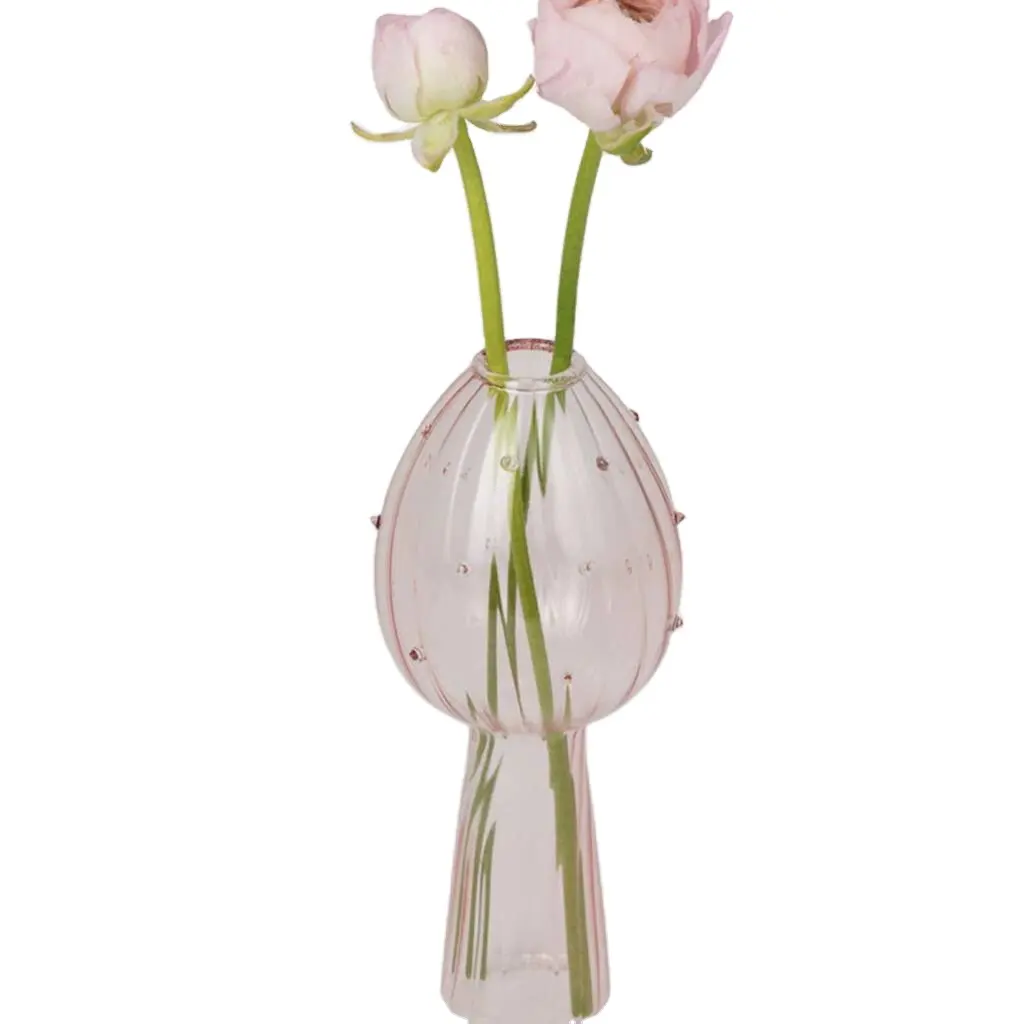 Custom Made Simple Style Hand-blown Pink Glass Bud Vase in Mushroom Shape with Dots for Home Decoration