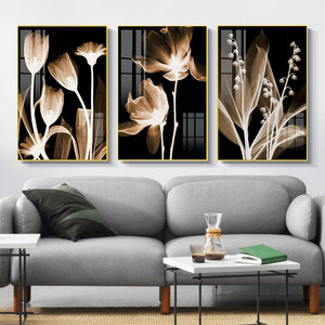 Ensemble d'art mural floral doré, 3 triptyques, en alliage d'aluminium, papier noir et or, <span class=keywords><strong>peinture</strong></span> florale abstraite, décoration de salon moderne de luxe - Product Image 3