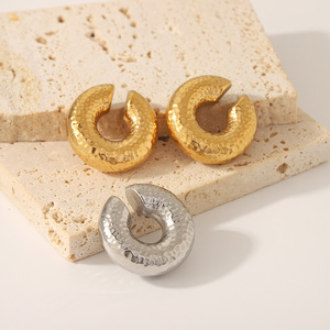 <b>Clip</b>-on Earrings 18K Gold Stainless Steel Textured Hollow Geometric Design For Women Fashion Jewelry - Product Image 1