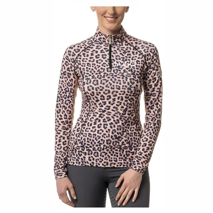 Womens Long Sleeve Polo Shirts Custom Leopard Printing Horse Riding Top Quarter Front Zipper Equestrian Base Layer