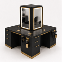 Mobiliario de Lujo para Salón de Belleza, Diseño Personalizado, Estaciones de Estilismo en Negro y Dorado, Superficies con Aspecto de Piedra y Espejos LED