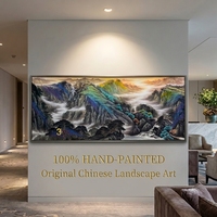 Peinture à la main, effet éclaboussures de couleurs intenses, Shanshui 367x144cm, Montagnes majestueuses, Cascade, Bateaux, Lever de soleil, Art sur papier Xuan géant, Feng Shui pour