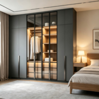 Armoire intégrée moderne de luxe en contreplaqué avec porte vitrée et éclairage LED, dressing sur mesure avec évier intégré et garantie de 5 ans