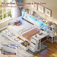 Lit d'angle double avec 7 tiroirs, bureau, bibliothèque, rangement, plateforme moderne en velours, station de charge, lumières RGB, pour chambre d'enfant