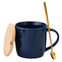 Mug à café en céramique avec couvercle en bois et cuillère en métal, tasse à thé en porcelaine de couleur unie, logo personnalisé, vaisselle de bureau et de maison, vente en gros