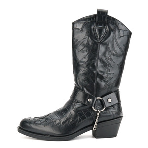 Botas de media pantorrilla de cuero estilo western con punta redonda, correa con hebilla, suela de goma antideslizante, entresuela de EVA, color sólido, para todas las estaciones, venta al por mayor. - Product Image 1
