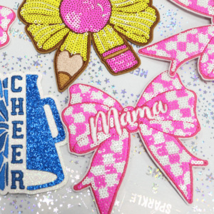Patch brodé personnalisé avec nœud à carreaux rose de 3,5 pouces, applique à sequins '<span class=keywords><strong>Mama</strong></span>' et inscription brodée pour sacs à couches, pochettes et chapeaux - Product Image 5