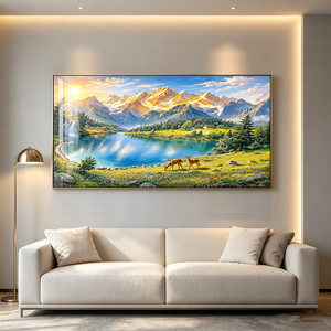 Quadro in Porcellana con Cristalli, Paesaggio Montano Nordico con Alpi, Laghi e Cervi, Decorazione da Parete con Scenografia Naturale - Product Image 4