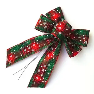 Wired Edge Trim Pretied Kerst Cadeaupapier Decoratie Imprint Sneeuwvlok Plaid Gecontroleerd Tartan Lint Strik