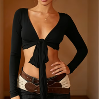 Crop top cardigan sexy moulant à manches longues et col en V, couleur unie, bordure en dentelle à volants, côtelé, en spandex, anti-boulochage, respirant, style Y2K