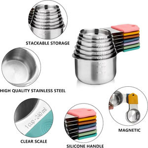 Ensemble de 16 tasses à mesurer magnétiques en acier inoxydable à poignée colorée et cuillères à double face pour outils de cuisson de cuisine avec logo personnalisé - Product Image 2