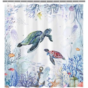 Rideau de douche imperméable tortue de mer avec 12 crochets décor à la maison de salle de bain d'été avec coquillage de corail d'océan - Product Image 1
