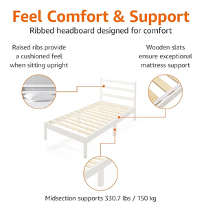 Struttura del <span class=keywords><strong>letto</strong></span> con piattaforma in legno di pino massiccio con <span class=keywords><strong>testiera</strong></span> a coste, moderna, facile da montare, singola, bianca - Product Image 3