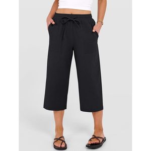 FOXA Pantalon Capri pour femme, coupe décontractée, taille élastique avec cordon de serrage, coupe droite, respirant, en coton, pour l'été - Product Image 3