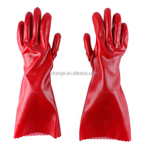قفازات عمل ميكانيكية متينة مقاومة للمواد الكيميائية، قفازات صناعية حمراء مضادة للانزلاق ومقاومة للماء مطلية بالـ <span class=keywords><strong>PVC</strong></span> بأكمام طويلة - Product Image 2