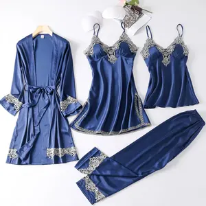 Spring and summer long-sleeved silk pajamas women with breast pads sexy sweet ice silk four-piece set nightdress home wear