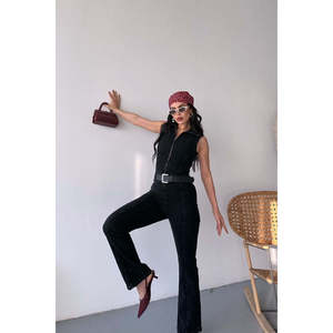 Combinaison en jean sans manches zippée pour femme, coupe évasée, avec bonnets intégrés - Product Image 2