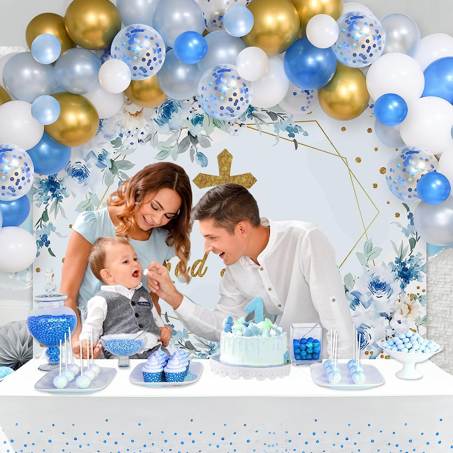 Stendardo Per Prima Comunione Ragazzo - Blu Con Croce E Colomba, 200x114 Cm, In Tessuto Poliestere, Decorazioni Per Battesimo E Festa