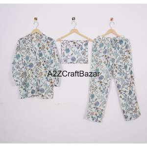 Conjunto de pijama de algodón 100% para mujer, camisón cómodo con estampado Floral azul, pantalones de manga larga, cintura elástica, ropa de dormir personalizada para - Product Image 5