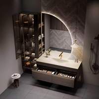 Ensemble élégant de luxe léger en bois massif avec vasque intégrée pour maison moderne, meuble-lavabo avec miroir LED intelligent anti-buée