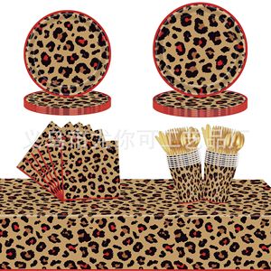 Ensemble de vaisselle de fête à imprimé léopard, assiettes en papier, serviettes, couverts, nappe, kit de fournitures jetables pour fête d'anniversaire - Product Image 1