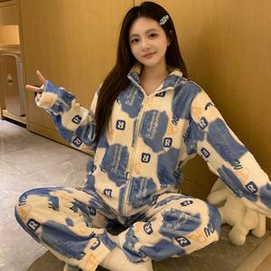 Ensembles de vêtements de nuit <span class=keywords><strong>hiver</strong></span> épaissi 260g flanelle pyjamas femmes mignon dessin animé col haut velours fermeture éclair ensemble décontracté - Product Image 6