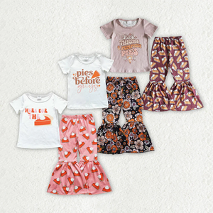 Conjunto de 2 piezas para niñas de Acción de Gracias, camiseta estampada de manga corta con pantalones acampanados, trajes de moda - Product Image 1