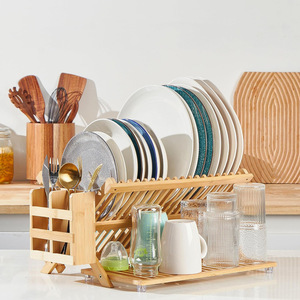 Bamboo Dish <b>Rack</b> Foldable Kitchen Countertop Drainer For <b>Plates</b> Bowls Cups With Utensil Holder L Size - Product Image 4