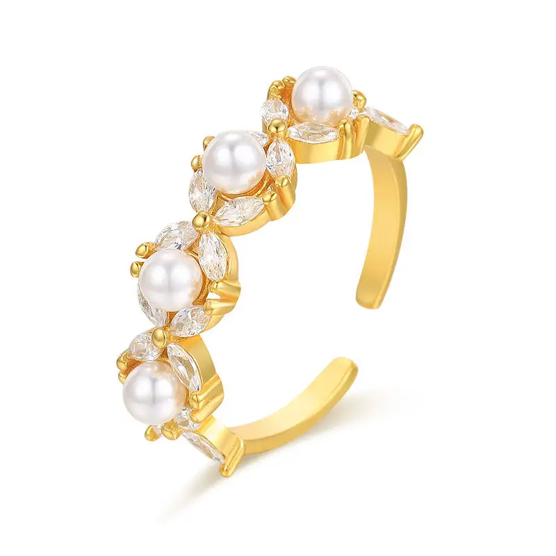 Elegant Shell Pearl CZ Flowers Fashion Women Fine Jewelry Luxury Sterling Silver Designer 925 Sterling Silver Adjustable Ring
