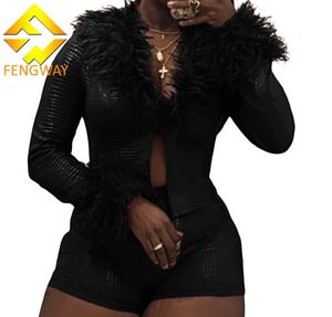 Setelan 2 Potong Jaket Crop PU Patchwork Bulu Elastis dan Celana Pendek untuk Wanita, Pakaian Modis Musim Gugur, Setelan Seksi untuk Klub Malam - Product Image 2