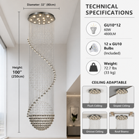 Lustre moderne de luxe en cristal, grand luminaire suspendu en spirale pour villa, hall de grande hauteur, projet hôtelier