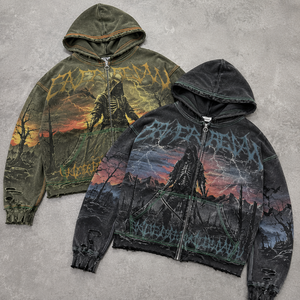 Sudadera con capucha de algodón grueso para hombre, con cremallera, estilo vintage desgastado, estampado de Grim Reaper, ropa urbana, logotipo personalizado, venta al por mayor, talla grande, forrada - Product Image 1
