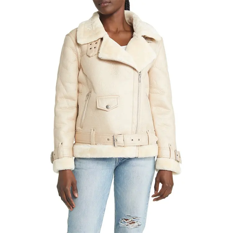 Custom Wholesale Fur Leather Winter Warm Pockets Short Biker Waist Stripe Women's Jackets