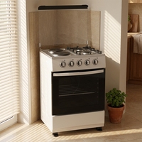 Cuisinière autonome 2 feux gaz et 2 plaques électriques avec four, corps blanc, porte en verre, couvercle en verre trempé, pour usage domestique