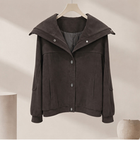 Veste courte en cuir de mouton marron pour femme, col à revers large, boutons métalliques, vêtement d'extérieur décontracté pour l'automne et l'hiver