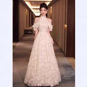 Champagne Off The Shoulder Halter Evening Gown With Floral Print For Coming Of Age Ceremony And Formal Events - Product Image 3