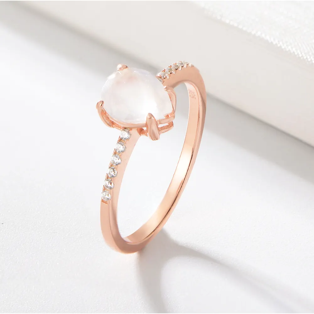 Custom Fashion Jewelry 14K Rose Gold Plated Cubic Zirconia Rings Water Drop Rose Quartz Engagement Wedding Ring