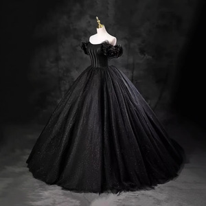Vestido de Quinceañera Negro con Tirantes Florales 3D SWS062, Vestido de Fiesta de 16 Años con Apliques Rsm - Product Image 3