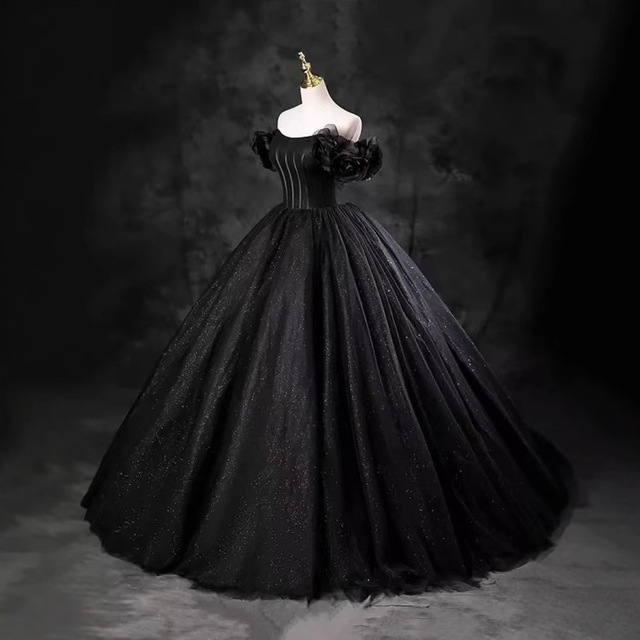 sweet 16 dresses black Black tulle long prom dress, black puff sleeves long sweet 16 dress main image 0