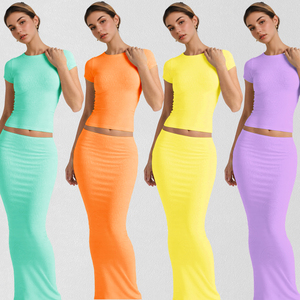 Women 2 Piece Skirt <strong>Set</strong> Cotton Ribbed Short Sleeve and Maxi Long Skirt Bodycon <strong>Lounge</strong> <strong>Set</strong> Casual Dress <strong>Plus</strong> <strong>Size</strong> Women Dress <strong>Set</strong> - Product Image 4