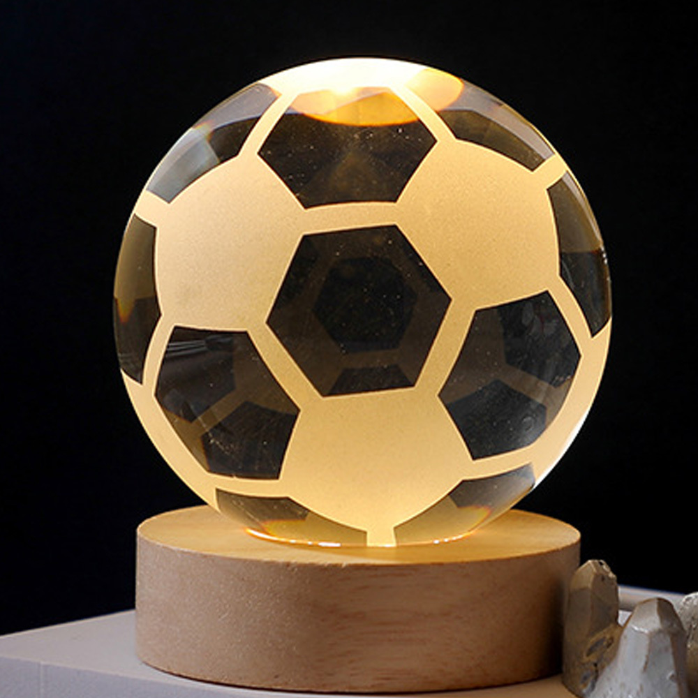 Warm Light Football Creative Wooden Base USB Crystal Ball 3D Night Light Desktop Decoration 3D LED Planet Table Light