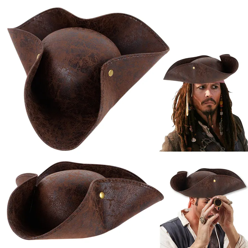 New Halloween Faux Leather Brown Distressed Tricorn Cap Masquerade Party Men Women Costume Tricorn Hat Pirates Cap