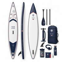 Planche de SUP de course haute performance de 14 pieds en PVC double couche avec système à 3 ailerons, écologique, logo personnalisé, planche à pagaie à glisse rapide pour acheteurs B2B