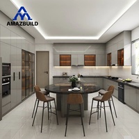 Meubles d'îlot de cuisine européens haut de gamme AMAZBUILD, plan de travail en quartz, portes en verre |   Évier artisanal sur mesure respectueux de l'environnement