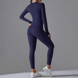 Yiyi ชุดออกกำลังกายสำหรับผู้หญิง2ชิ้นคอกลมแขนยาวเสื้อครอปเอวสูงเลกกิ้งยกก้นกระเป๋าชุดฟิตเนสยิมฟิตเนส - Product Image 4