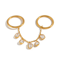 Bagues géométriques minimalistes à double anneau pour femme, étanches, en acier inoxydable plaqué or 18 carats, avec chaînes à pampilles et zircons