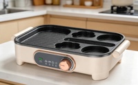Wajan Panggang Listrik Multifungsi 5-in-1 dengan Zona Memasak, Anti Lengket, Penggorengan Telur, Suhu Dapat Diatur, untuk Rumah Tangga