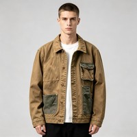 Veste en jean cargo pour homme, style workwear, patchwork color block, coupe ample camel, vintage, type trucker, vêtement d'extérieur, vente en gros, personnalisable OEM