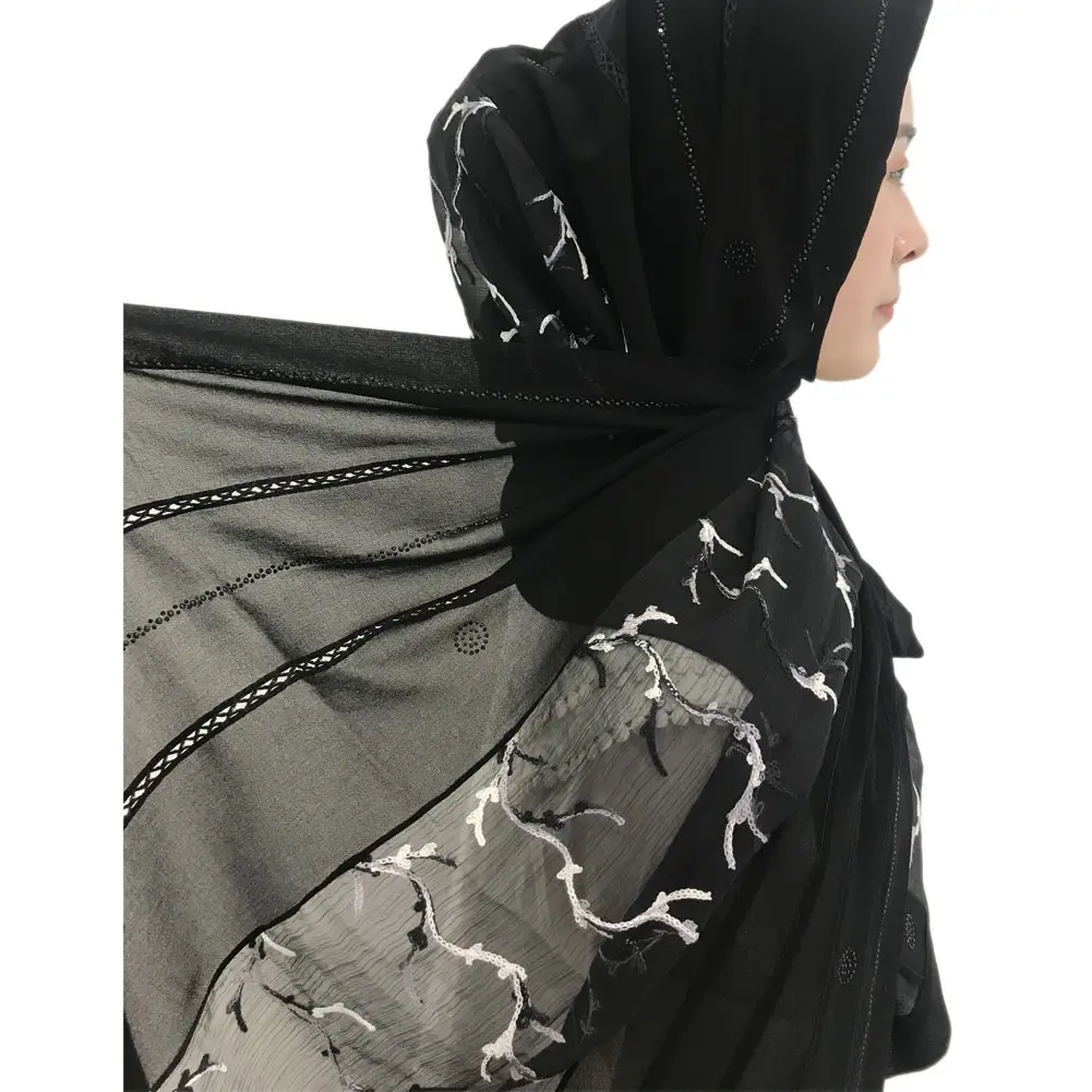 High Quality Women Splicing Scarf Embroidered Wrinkles Chiffon Shawls Long Hijab
